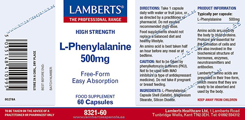 L-Fenilalanina 500 mg 60 Cápsulas - LAMBERTS Img 2