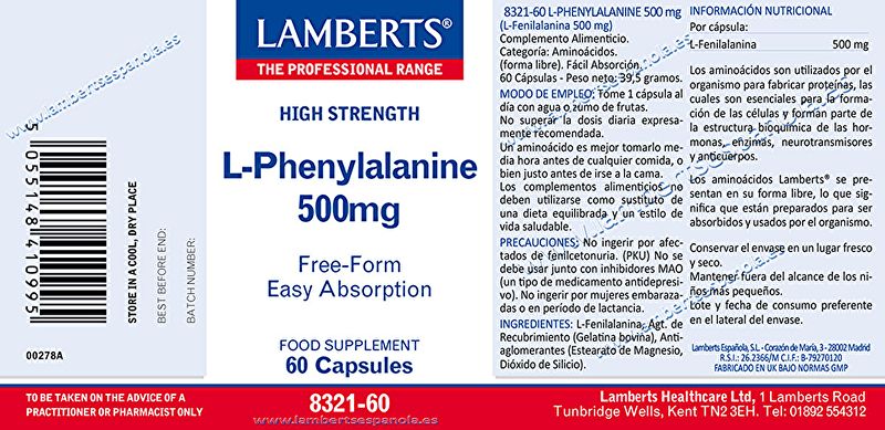 L-Fenilalanina 500 mg 60 Cápsulas - LAMBERTS Img 3