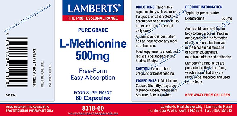 L-Methionine 500 mg 60 Capsules - LAMBERTS Img 2