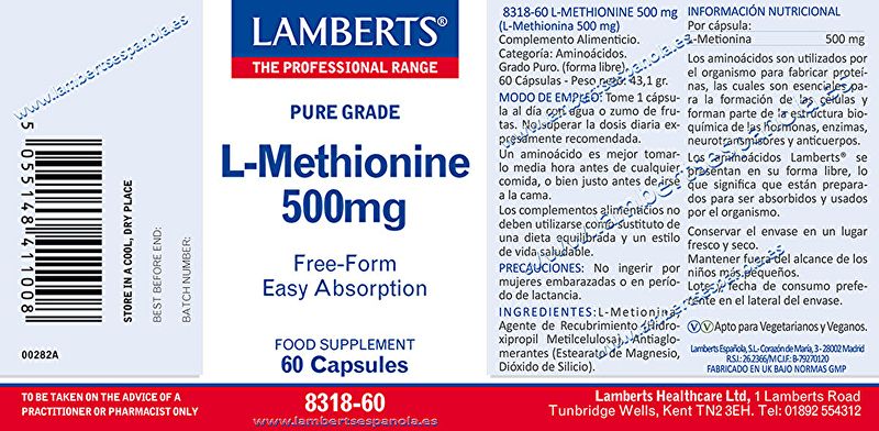 L-Metionina 500 mg 60 Cápsulas - LAMBERTS Img 3