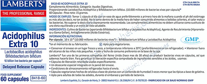 Acidófilo Extra 10 60 Cápsulas - LAMBERTS Img 2