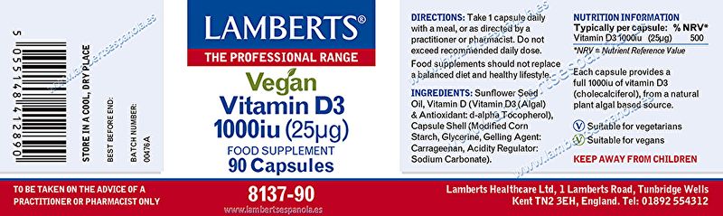 Vegan Vitamin D3 1000 IU 90 Capsules - LAMBERTS Img 2