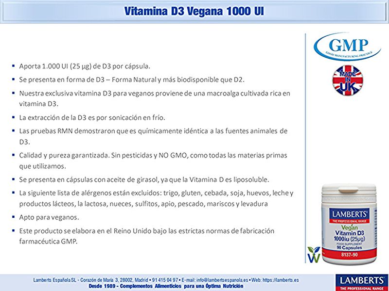 Vitamina D3 Vegana 1000 UI 90 Cápsulas - LAMBERTS Img 5