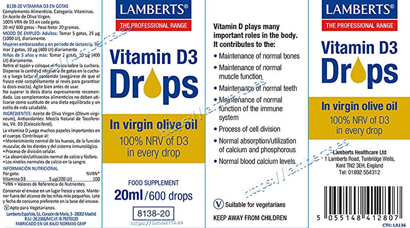 Vitamin D3 20 ml. Flytande i droppar - LAMBERTS Img 2