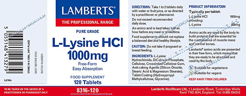 L-Lisina HCI 1000 mg 120 comprimidos - LAMBERTS Img 2