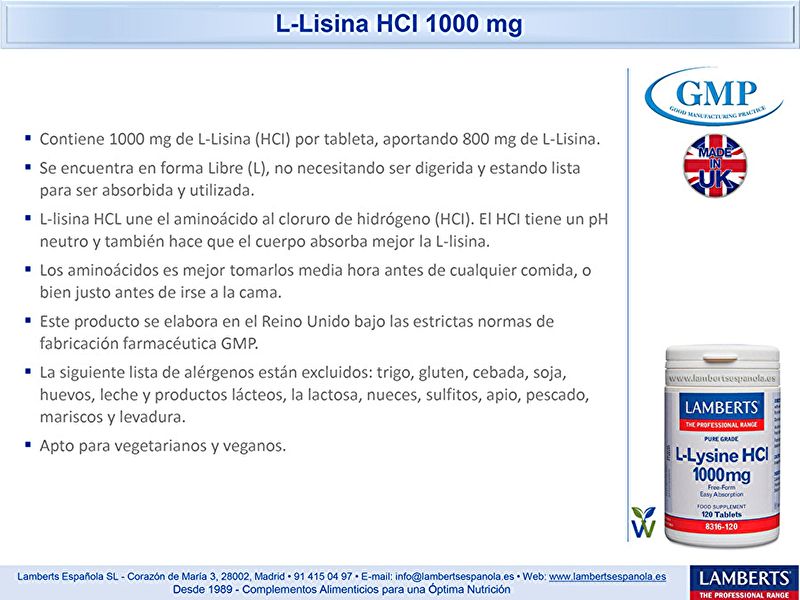 L-Lisina HCI 1000 mg 120 comprimidos - LAMBERTS Img 4