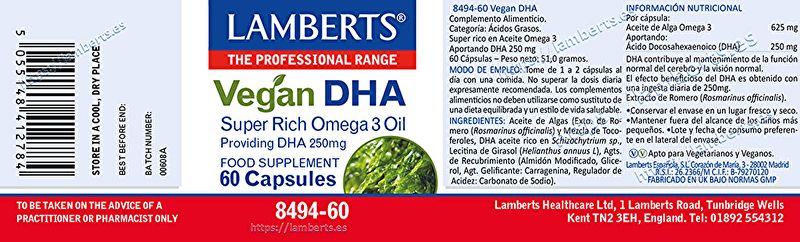 DHA vegano 250 mg 60 cápsulas - LAMBERTS Img 2