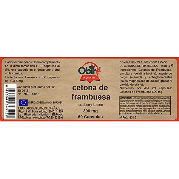 Cetonas de Framboesa 300 mg 60 Cápsulas - OBIRE Img 2