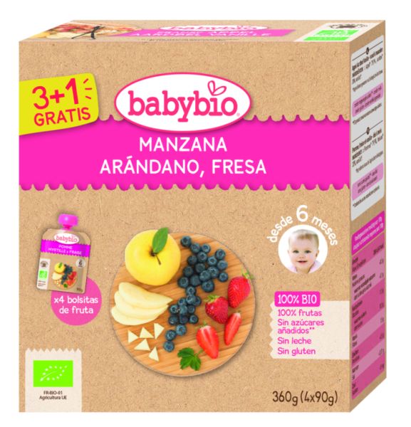 Bolsa Bio Maçã Mirtilo Morango 4X90 g - BABYBIO