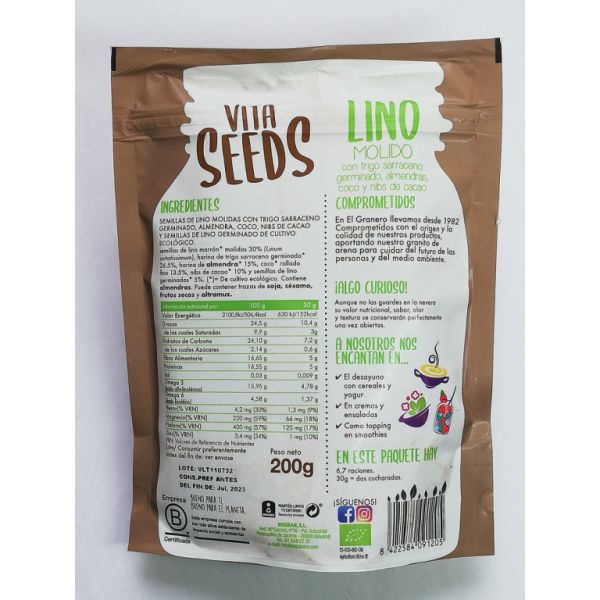 Vitaseeds Lino Molido con Trigo Sarraceno Nibs de Cacao y Almendras Bio, 200 g Img 3