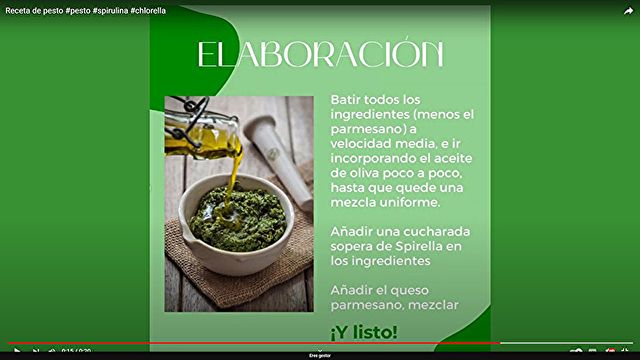 Preparación / Pasos Pesto con Spirella y Chlorella - Paso 1) Batir todos los ingredientes (menos el queso parmesano) a media velocidad. Incorporar poco a poco el aceite de oliva hasta que quede una mezcla uniforme